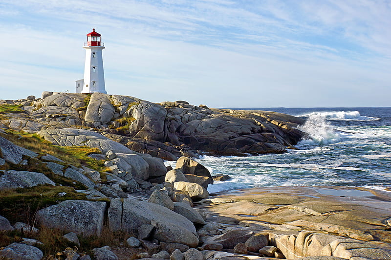 lighthouse, building, rocks, sea, sky, HD wallpaper
