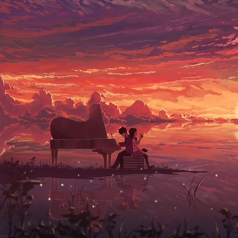 Anime, Sunset, Sky, Piano, Horizon, Reflection, Couple, Cloud, HD phone wallpaper