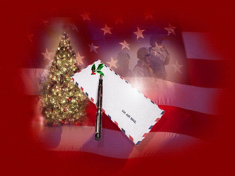 Remember, Christmas tree, christmas, troops, America, flag, letter, HD wallpaper