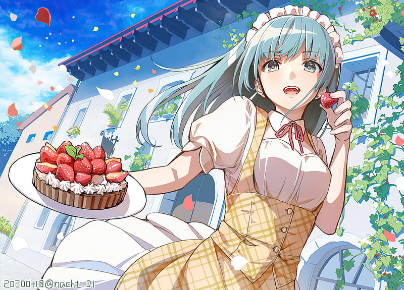 Anime, Original, Blue Eyes, Blue Hair, Cake, Long Hair, Strawberry, HD wallpaper