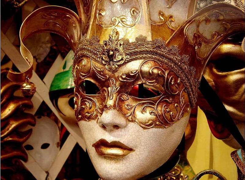 venetian mask, masquerade, golden, interesting, venice, eyes, mask, lips, venetian, HD wallpaper