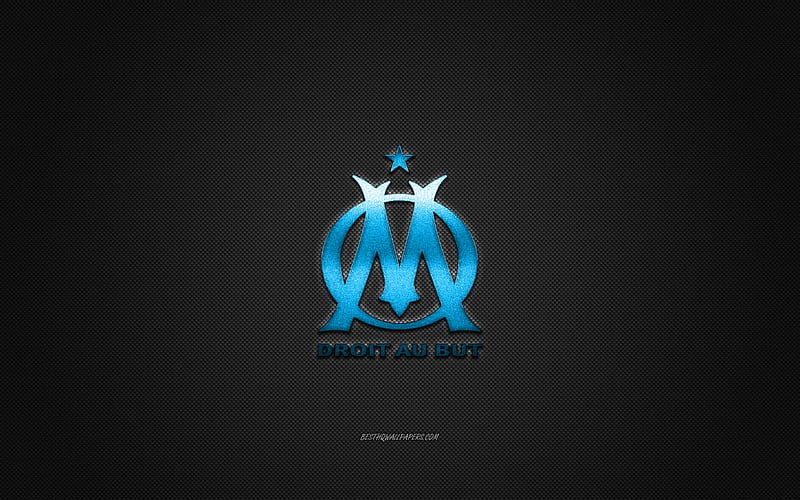 Olympique Marseille, French football club, Ligue 1, Blue logo, Gray carbon fiber background, football, Marseille, France, Olympique Marseille logo, HD wallpaper