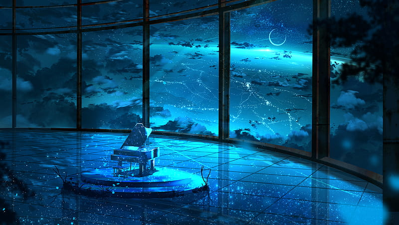 Anime, Original, Night, Piano, Starry Sky, HD wallpaper