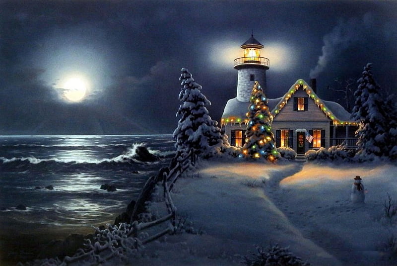 doms Holy Light, christmas, artwork, lighthouse, sea, tree, water, snow, painting, coast, HD wallpaper