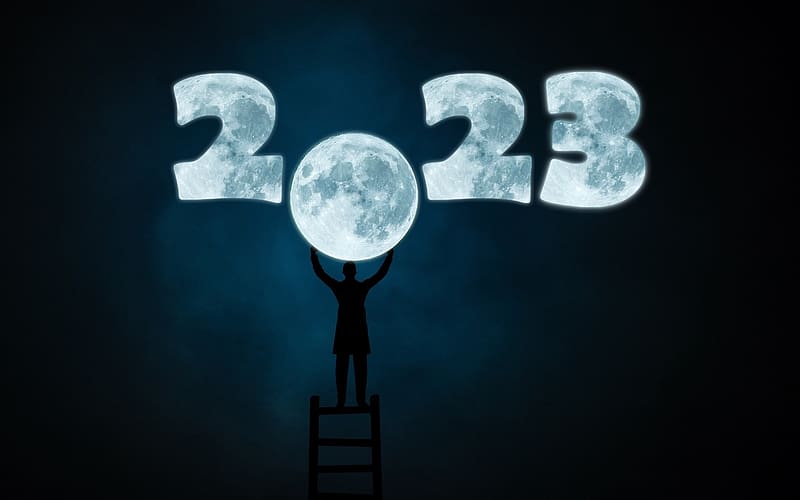 Happy New Year!, man, Moon, new year, night, ladder, 2023, HD wallpaper