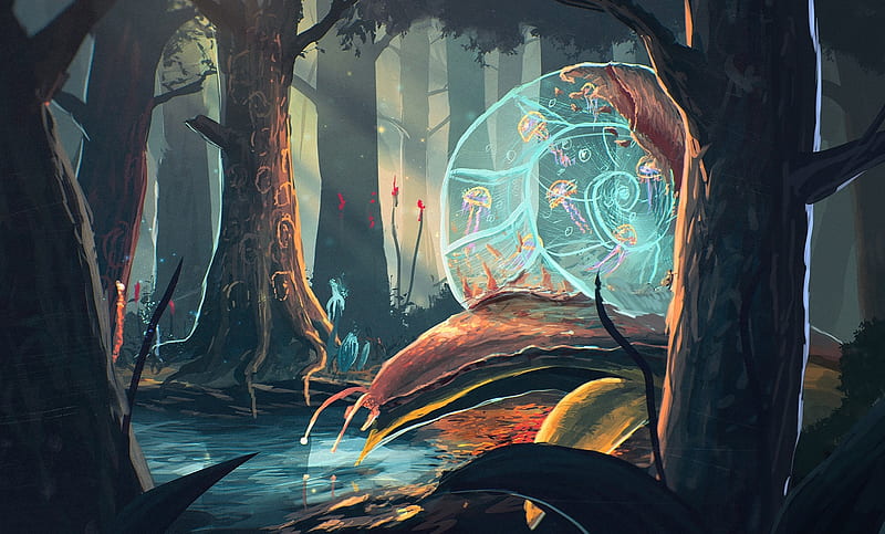 Snail, forest, art, tree, fantasy, water, luminos, HD wallpaper