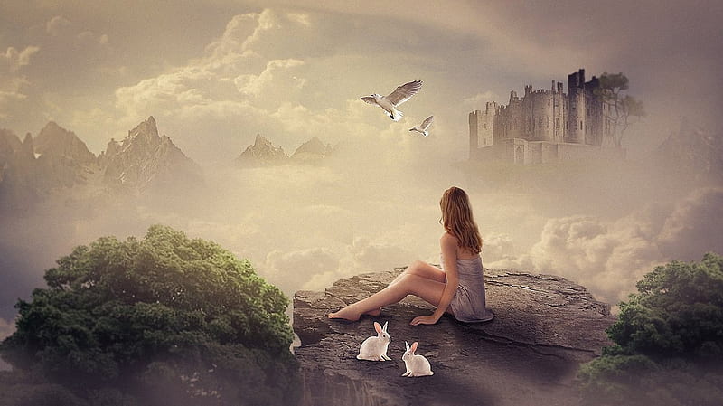 Clouds Kingdom, art, girl, mountains, birds, rabbits, castle, HD wallpaper