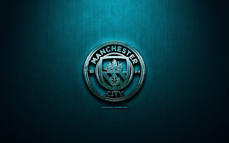 Manchester City FC, blue metal background, Premier League, english football club, fan art, Manchester City logo, football, soccer, Manchester City, England, HD wallpaper