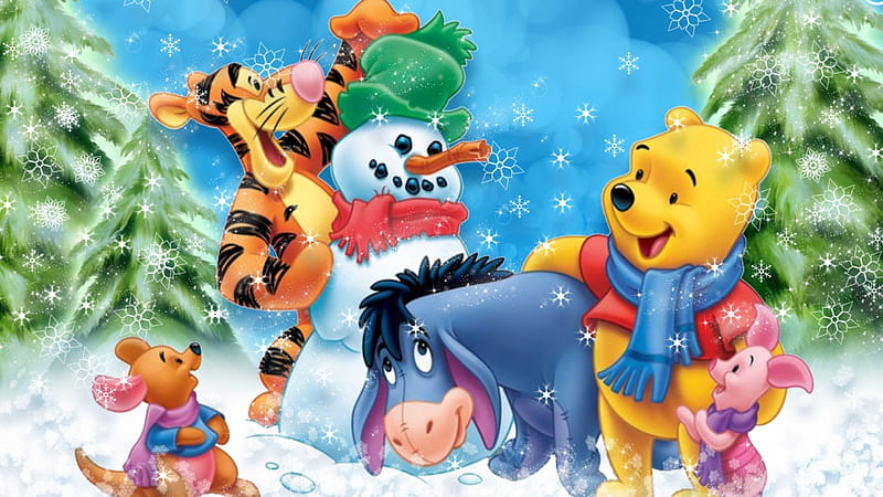 Winnie and Friends Christmas, Christmas, rabbit, Winnie the Poo, trees, snowman, winter, Tigger, Eeyore, snow, Piglet, HD wallpaper