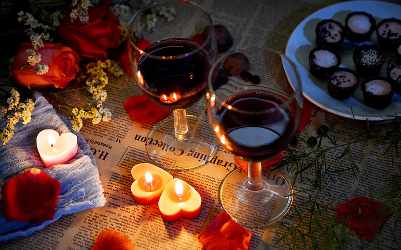 Candle heart shape red wine romance date, HD wallpaper