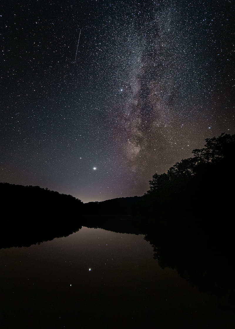 nebula, starry sky, stars, lake, reflection, HD phone wallpaper