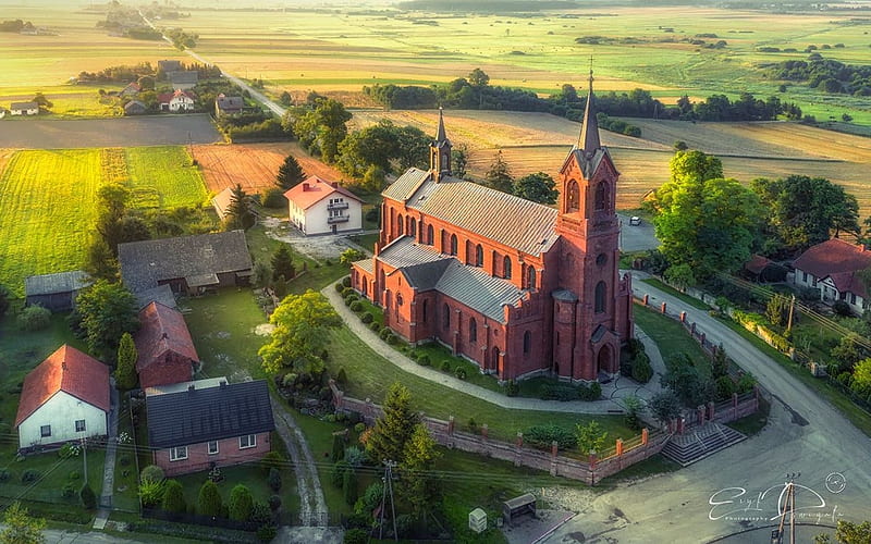 Church in Poland, village, Poland, fields, church, HD wallpaper