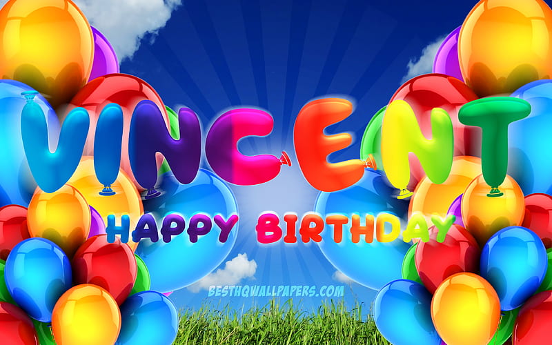Vincent Happy Birtay cloudy sky background, popular german male names, Birtay Party, colorful ballons, Vincent name, Happy Birtay Vincent, Birtay concept, Vincent Birtay, Vincent, HD wallpaper
