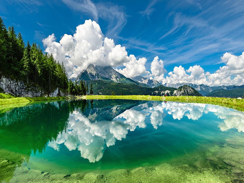 Blue Sky and Lake, Lake, Mountains, Forest, Clouds, HD wallpaper | Peakpx