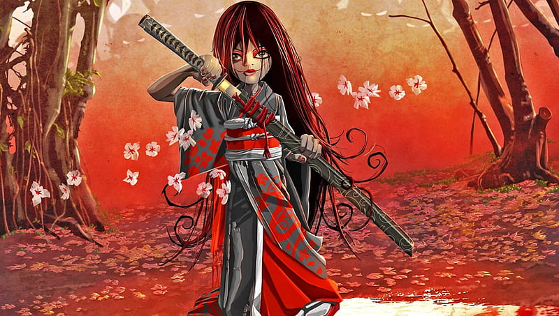 an anime oni male samurai in black and red armor. We...