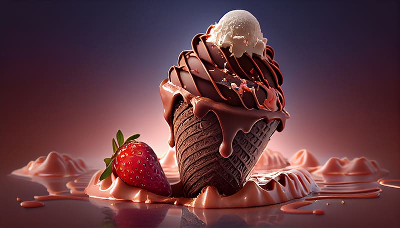 Melting ice cream, Chocolate, Strawberry, Cone, Milk, HD wallpaper
