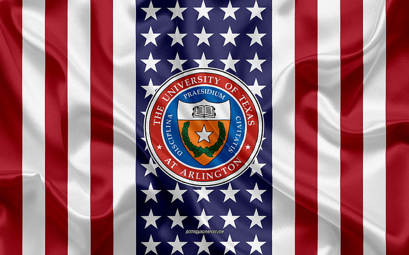 University of Texas at Arlington Emblem, American Flag, University of Texas at Arlington logo, Arlington, Texas, USA, University of Texas at Arlington, HD wallpaper