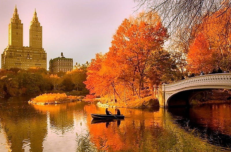 Autumn river, autumn, gold, boat, bridge, orange, men, buildings, river, HD wallpaper