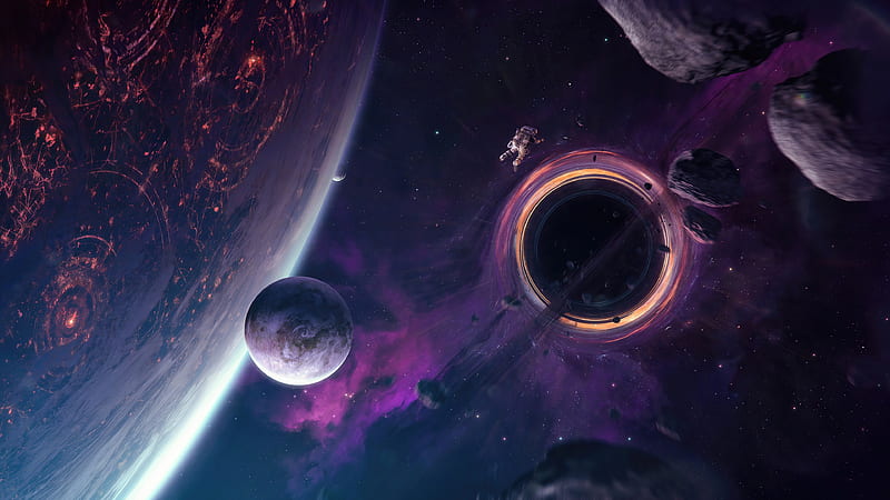 Black hole and planets, astronaut exploration, space, HD wallpaper
