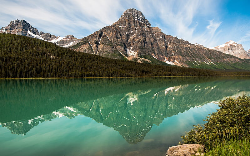 mountain lake, mountain landscape, forest, glacier lake, mountains, Alberta, Canada, HD wallpaper