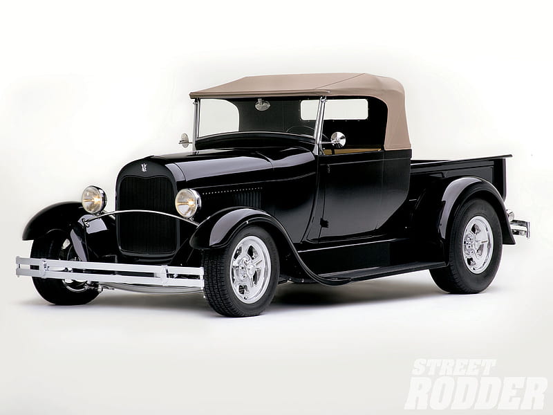 1928 Ford Model A Pickup, 28, hotrod, ford, car, hot, classic, roadster, street, pickup, vintage, 1928, model, rod, black, custom, a, antique, truck, HD wallpaper
