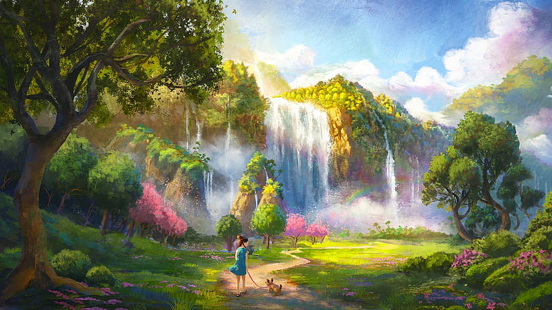 Spring, blossoms, girl, dog, waterfalls, painting, HD wallpaper
