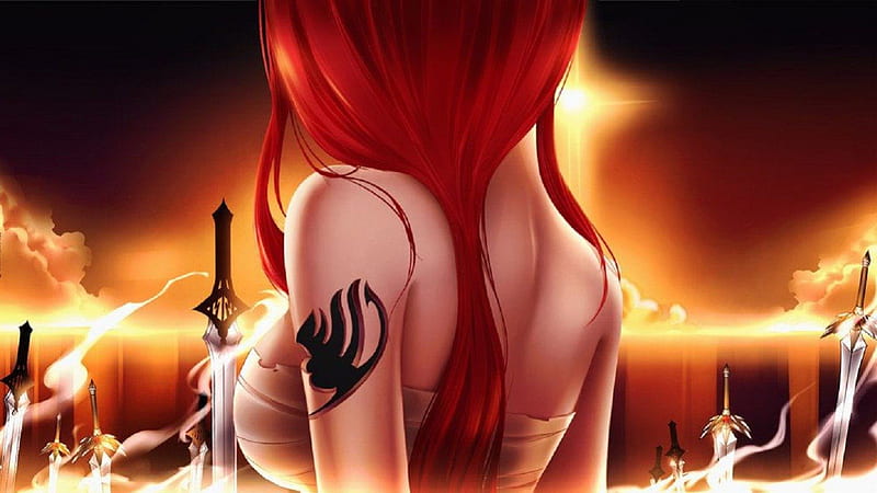 Erza Scarlet, Ninja, Fairy Tail, sunset, red hair, magic, mark, girl, back, anime, Guild, sword, HD wallpaper
