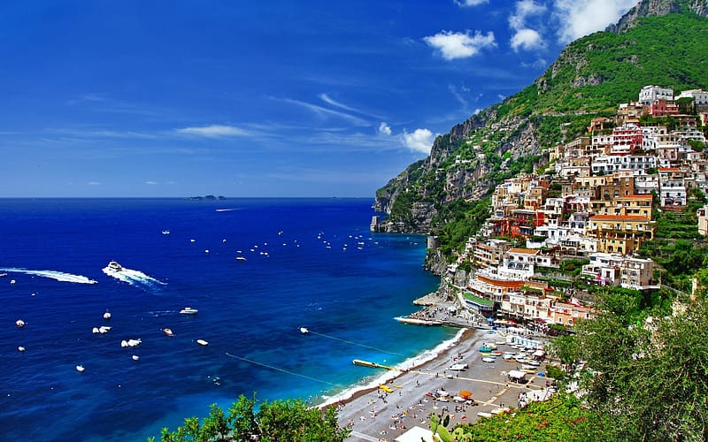 Sky, Sea, Italy, City, Ocean, Village, Cliff, Boat, Ship, Tropical, Cloud, Resort, Villa, , Town, Scenic, Positano, HD wallpaper