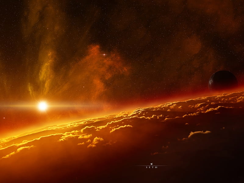 on the edge of space, stars, sun, planet, clouds, gas cloud, HD wallpaper