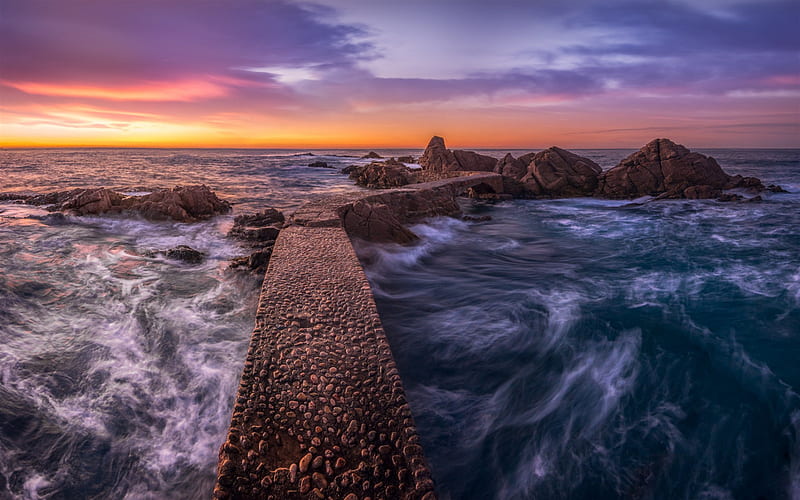 evening, sunset, seascape, coast, Mediterranean Sea, Catalonia, Spain, HD wallpaper