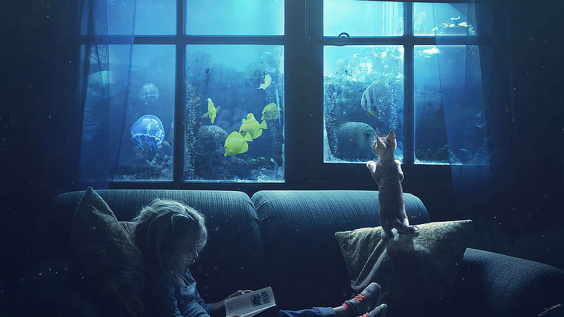 Cute Little Girl Is Reading Book And Cat Watching Fishes In Aquarium Cute, HD wallpaper