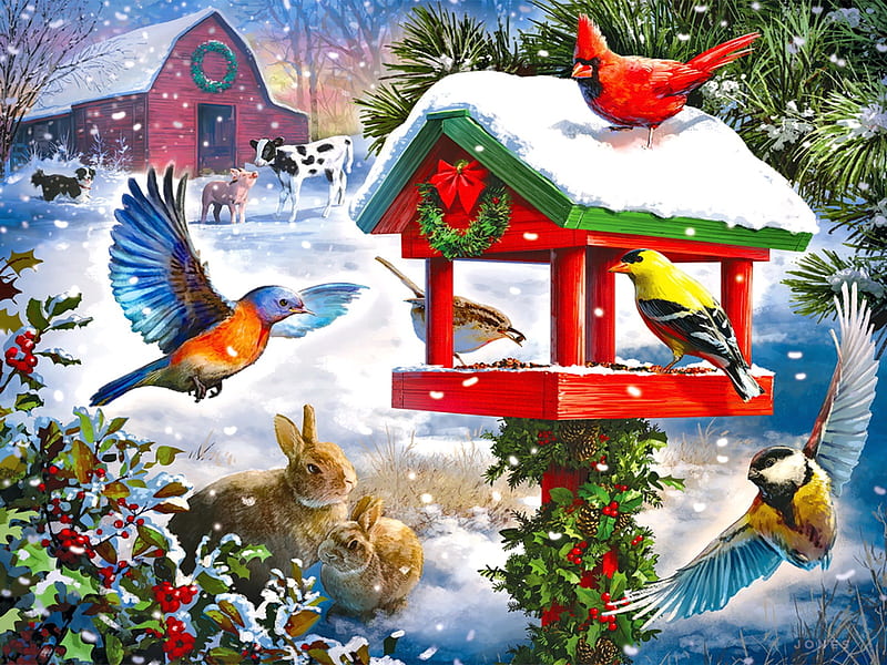 Winter gathering, pretty, birds, fun, winter, sweet, farm, cute, gathering, snow, snowflakes, snowfall, birdhouse, feast, animals, HD wallpaper