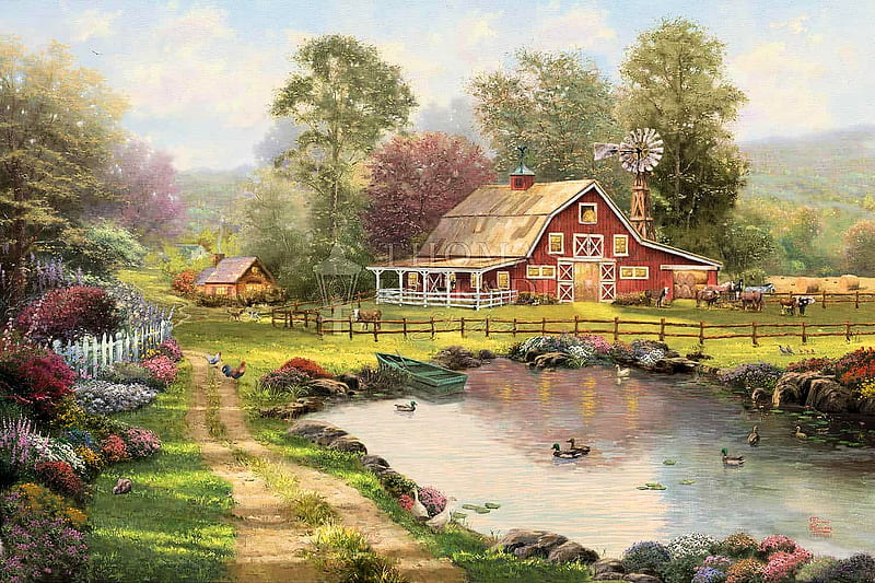 Red Barn Retreat - Thomas Kinkade Studios, pond, fence, painting, flowers, ducks, horse, cows, artwork, HD wallpaper