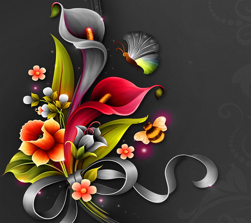 Flowers Fantasy, abstractart, butterfly, colorful, desenho, HD wallpaper