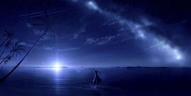 anime starry sky, moonlight, reflection, anime seascape, Anime, HD wallpaper