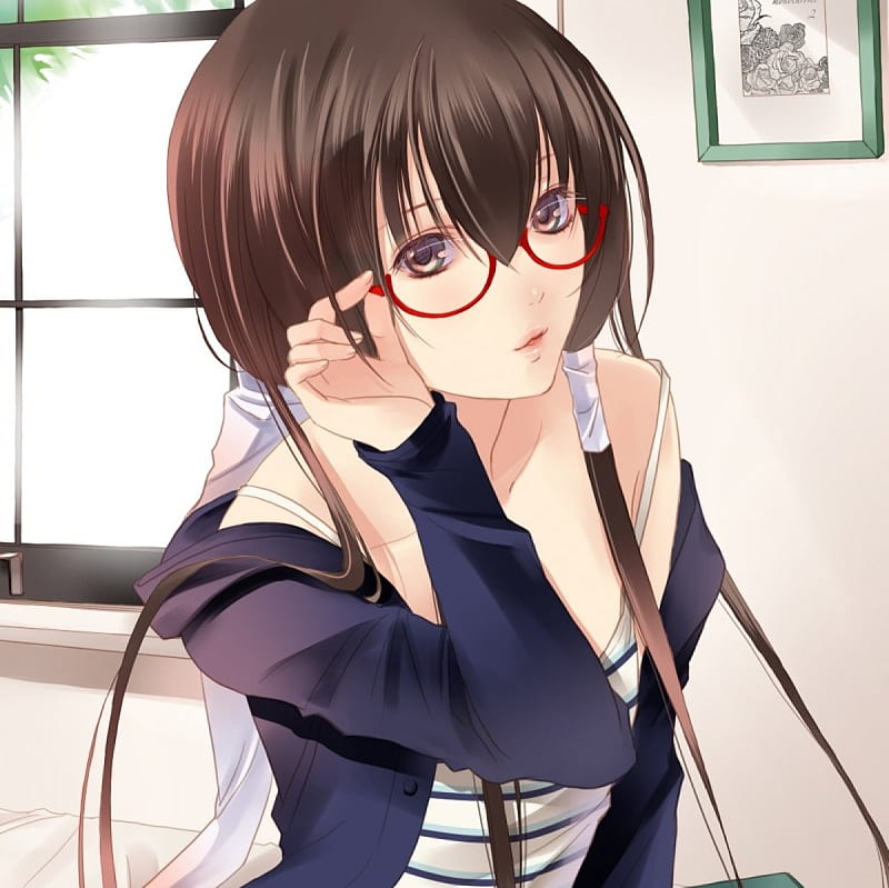 Spectacles, pretty, dress, house cg, home, glasses, bonito, get backers, sweet, nice, anime, beauty, anime girl, long hair, getbackers, fuuchouin kazuki, shirt, female, lovely, window, brown hair, blouse, girl, lady, maiden, HD wallpaper