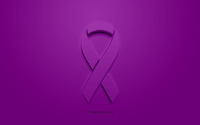 Pancreatic Cancer ribbon, purple 3d ribbon, Pancreatic Cancer Awareness ribbon, Pancreatic Cancer, purple background, Cancer ribbons, Awareness ribbons, HD wallpaper