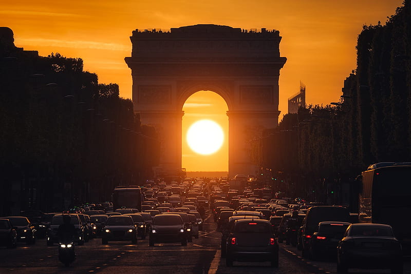 Arc de Triomphe, Paris, street, building, carros, sun, france, sunset, sky, HD wallpaper