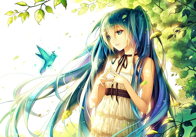 Hatsune Miku, vocaloid, tidsean, manga, girl, green, bird, anime, blue, HD wallpaper