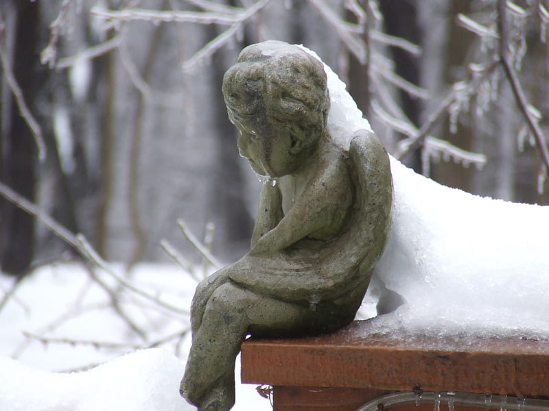 Angel in contemplation, contemplation, snow, angel, ice, meditation, HD wallpaper