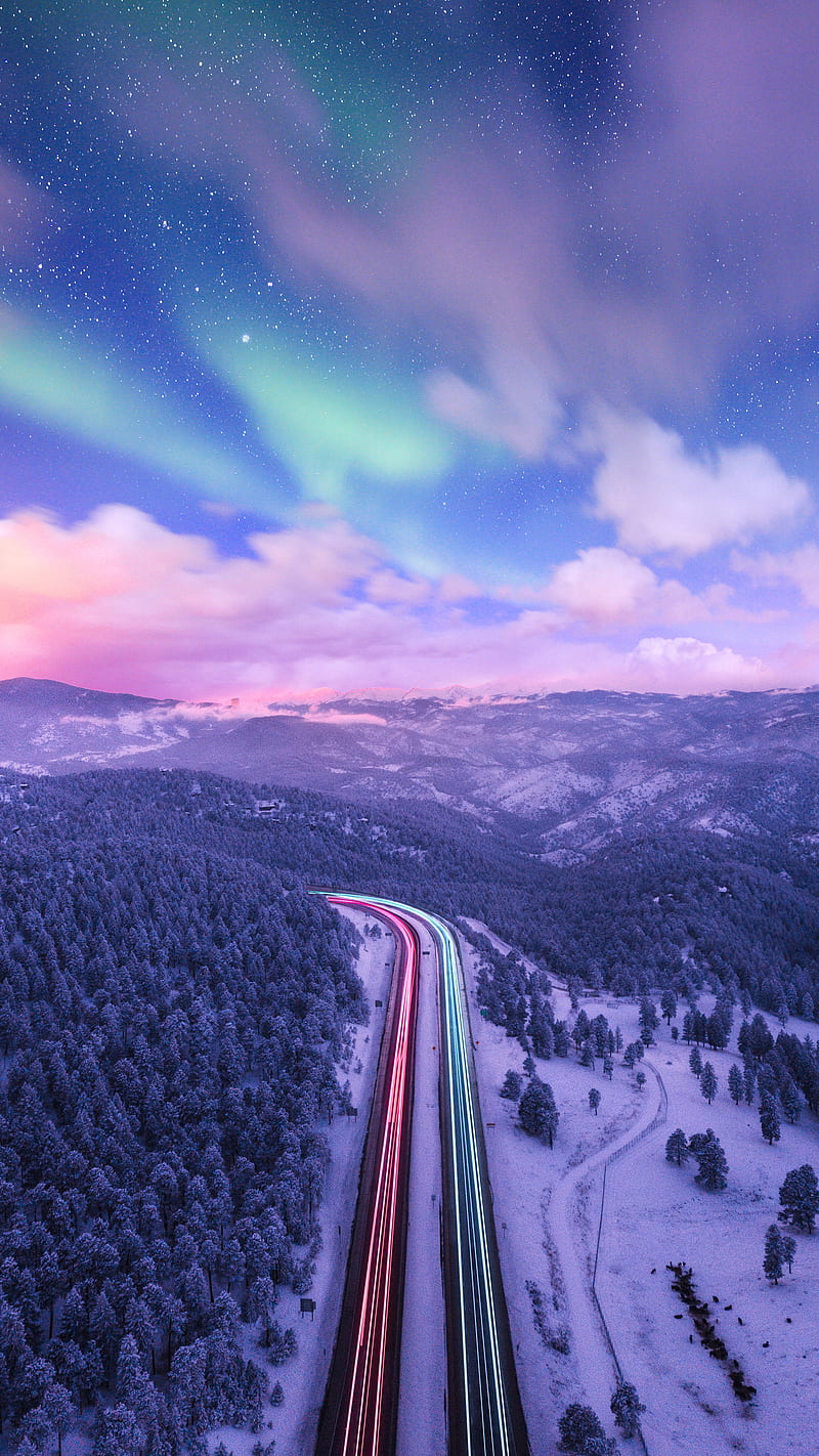 mountains, road, long exposure, snow, aurorae, stars, sky, winter, highway, blue, light trails, aerial view, vertical, HD phone wallpaper