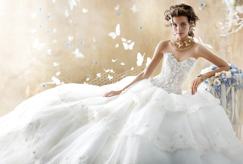 Beautiful Bride , pretty, wedding dress, bride, bonito, wedding, woman, graphy, butterfly, girl, beauty, HD wallpaper