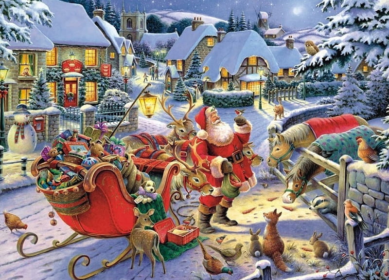 Santa's Christmas Supper, sleigh, cottages, christmas, birds, snowman, winter, santa, snow, presents, animals, HD wallpaper