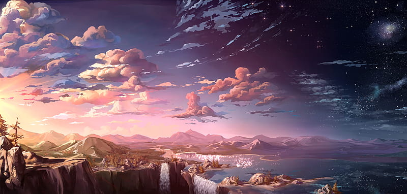 fantasy landscape, waterfall, clouds, Fantasy, HD wallpaper
