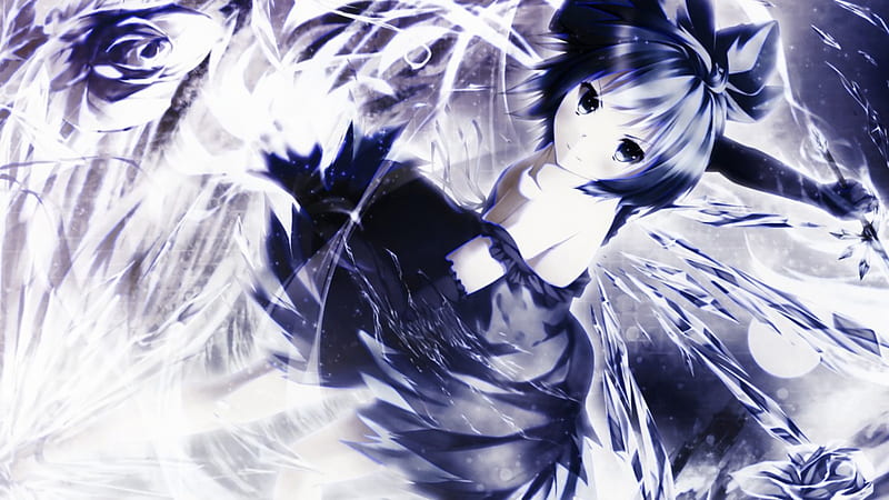 ~Cirno's Icy Kisses~, pretty, wings, dress, Cirno, girl, anime, touhou, ice control, ice, fairy, HD wallpaper