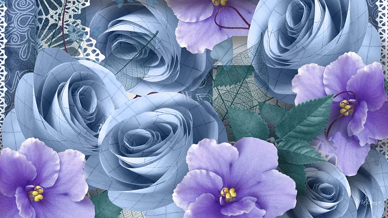 Rosas de papel, flores, hojas, flores, desenho, naturaleza, lavanda, azul,  Fondo de pantalla HD | Peakpx