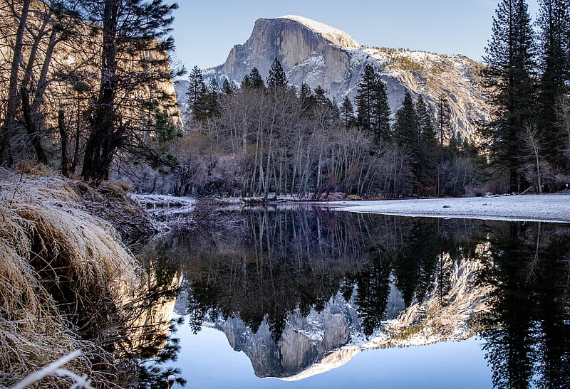 Half Dome In December, Yosemite National Park, reflection, usa, california, water, sky, trees, HD wallpaper