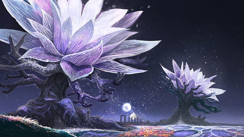 Moon blossom, tree, fantasy, moon, blossom, moon, flower, attila gerenyi, blue, HD wallpaper
