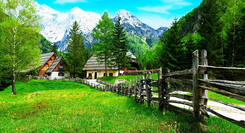 Slovenian Landscape, fence, forest, mountains, houses, bonito, green grass, trees, snowy peaks, HD wallpaper