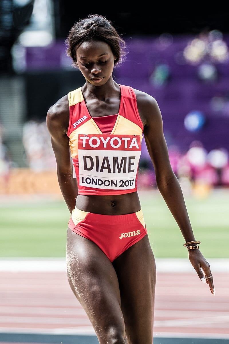 Fatima Diame, athlete, women, black women, brunette, bare midriff, thighs, HD phone wallpaper